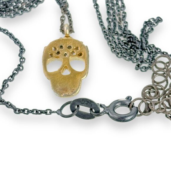 Sterling Silver 925 Gold Tone Crystal Accent Skull Pendant Necklace 15.5"-17.5" - Picture 3 of 5